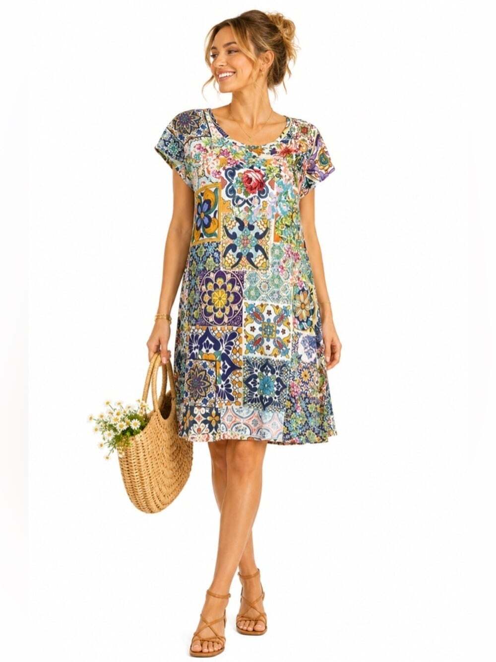 Johnny Was Multicolour T-Shirt Dress Size XS Short Sleeve Boho Relaxed Fitcore